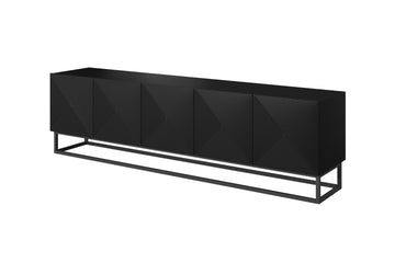 Asha TV-meubel 200 cm met gegroefd MDF-front en metalen frame | Kleur: Mat zwart | Maat: 200x56x40