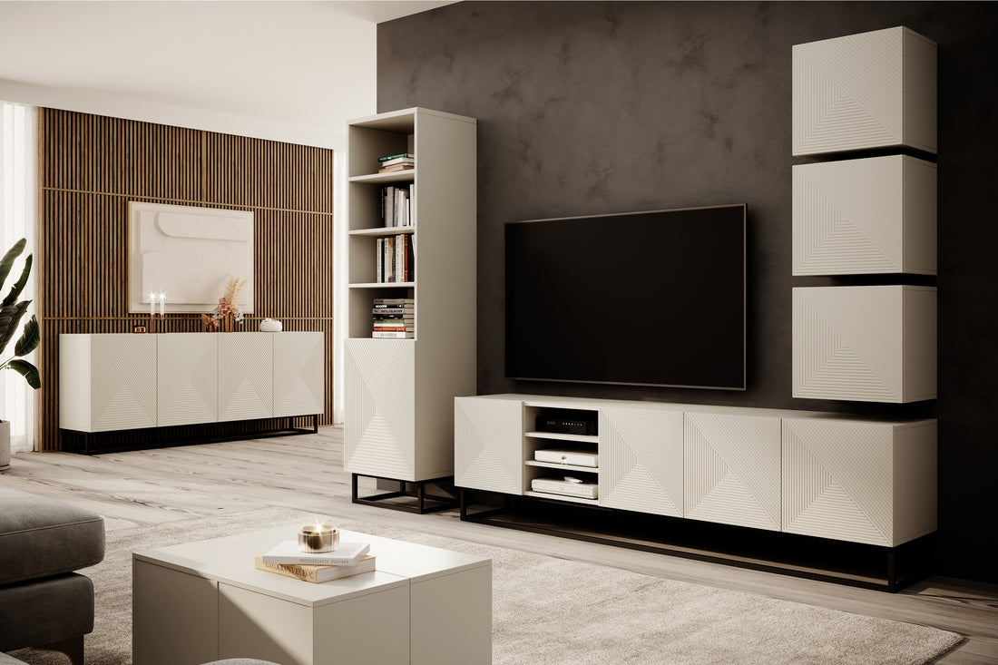 Asha TV-meubel 200 cm met geribbeld MDF en zwart metalen frame | Kleur: Kasjmier | Maat: 200x56x40