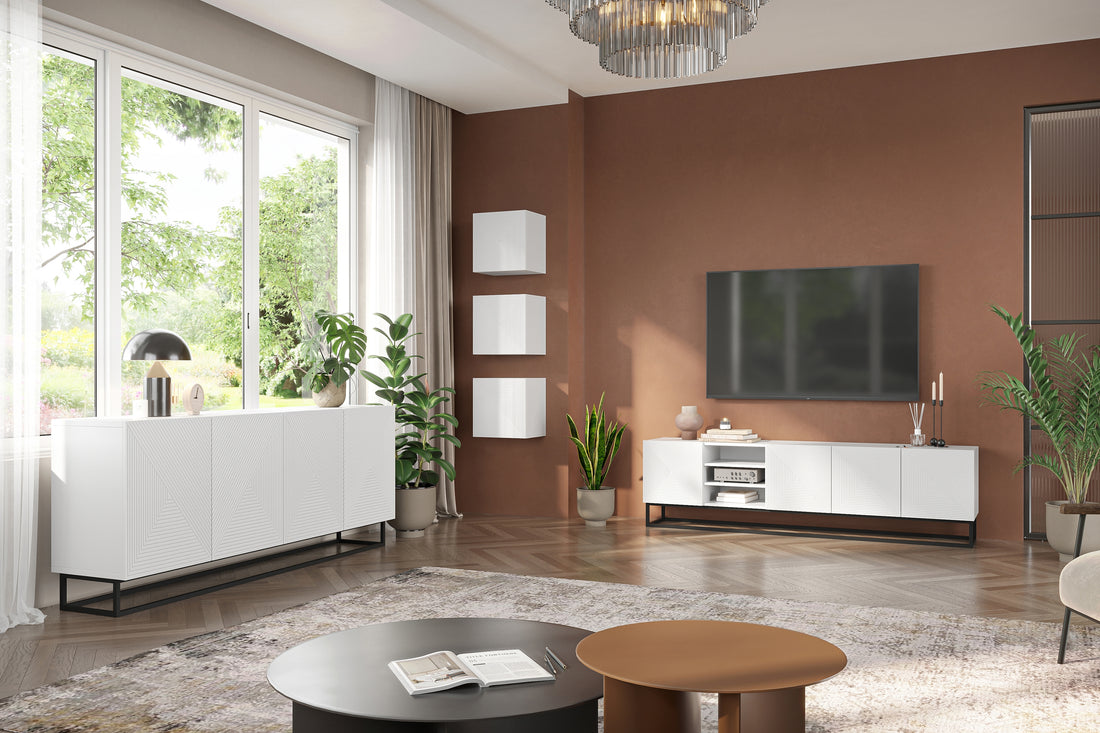 Asha TV-meubel met metalen frame en schuifdeuren - 200 cm | Kleur: Mat wit | Maat: 200x56x40 cm