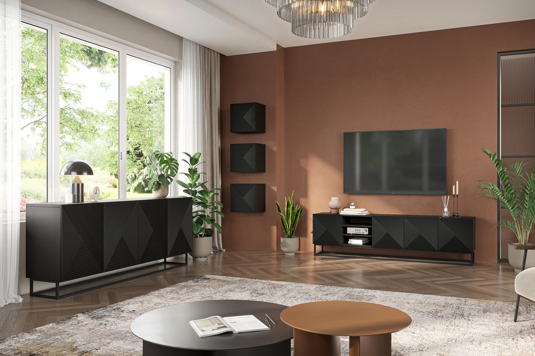Asha TV-meubel 200 cm met gegroefd front & metalen frame | Kleur: Mat zwart | Maat: 200x56x40 cm