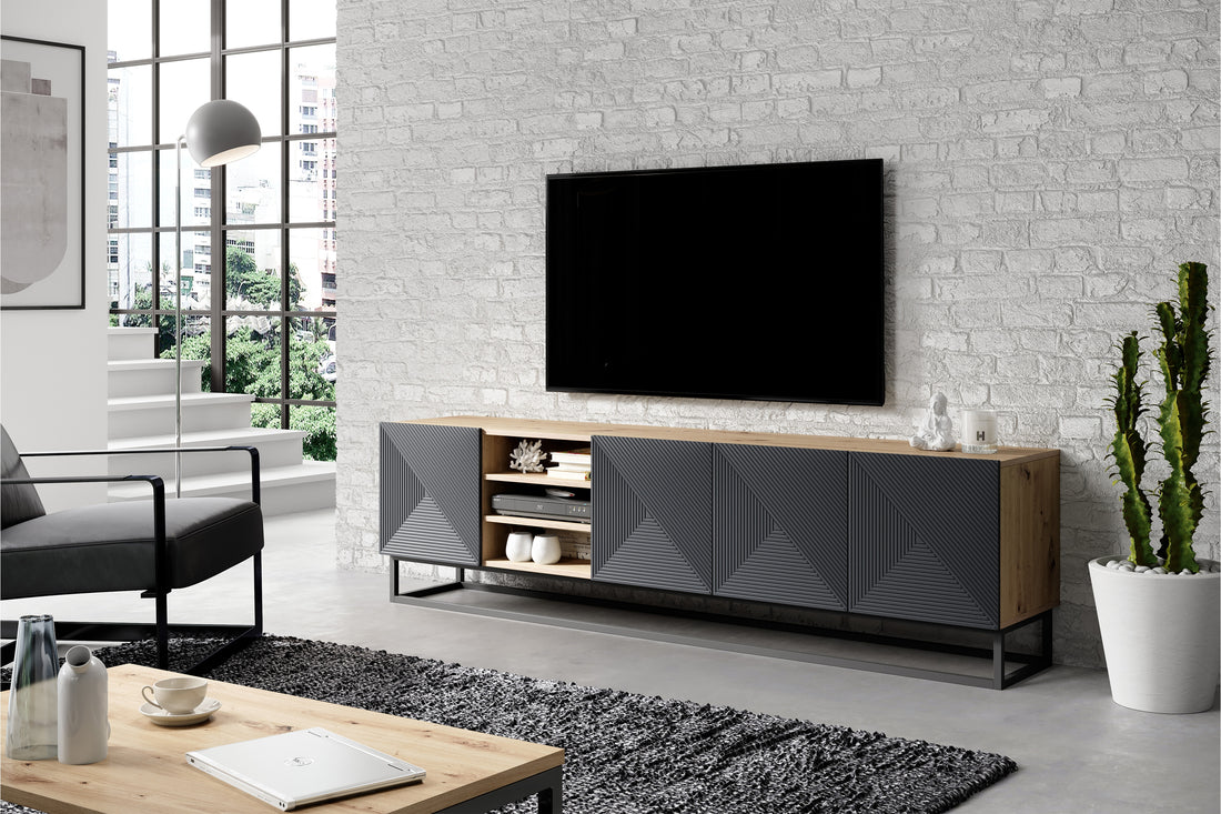 Asha TV-meubel 200 cm met gegroefd front - Industrieel design | Kleur: Artisanaal eiken & mat
