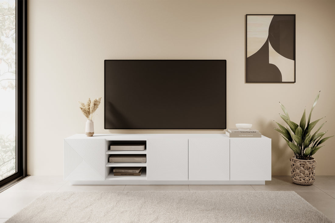 Asha TV-meubel met gegroefd front en nis – 200 cm | Kleur: Mat wit | Maat: 200x46x40 cm