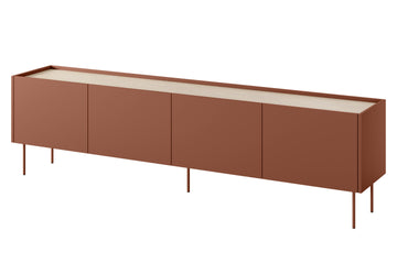 Desin TV-meubel 220 cm met 2 verborgen lades en 4 deuren | Kleur: Rood / Keramiek rood / Nagano eik