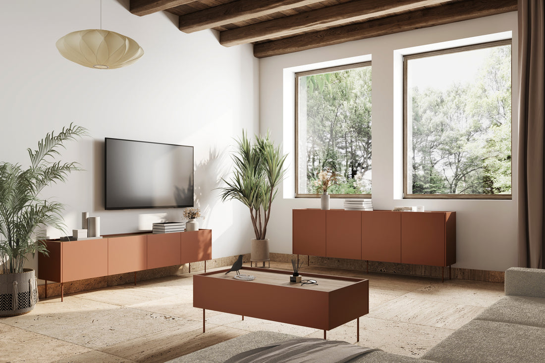Desin TV-meubel 220 cm met metalen poten - Keramiek Rood & Nagano Eiken | Kleur: Keramiek Rood /