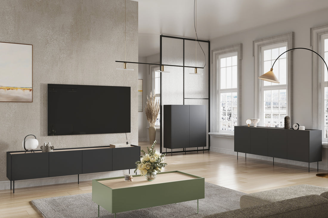 Desin TV-meubel 220 cm met metalen poten - Modern minimalistisch design | Kleur: Mat zwart/Nagano