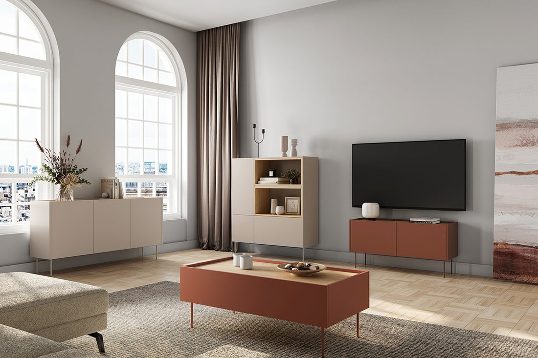 Desin TV-meubel 120 cm - Modern keramiek rood met Nagano eik en metalen poten