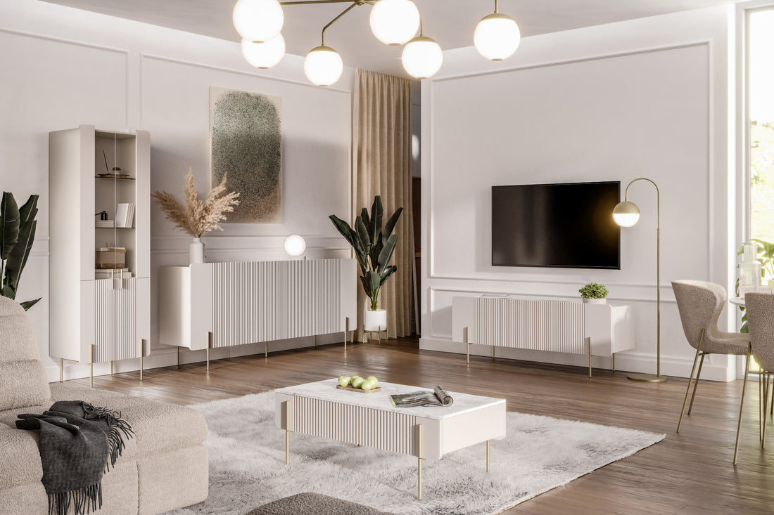 Malmi TV-meubel 150 cm met kasjmier front, crema bianca blad & goudkleurige poten | Kleur: Kasjmier