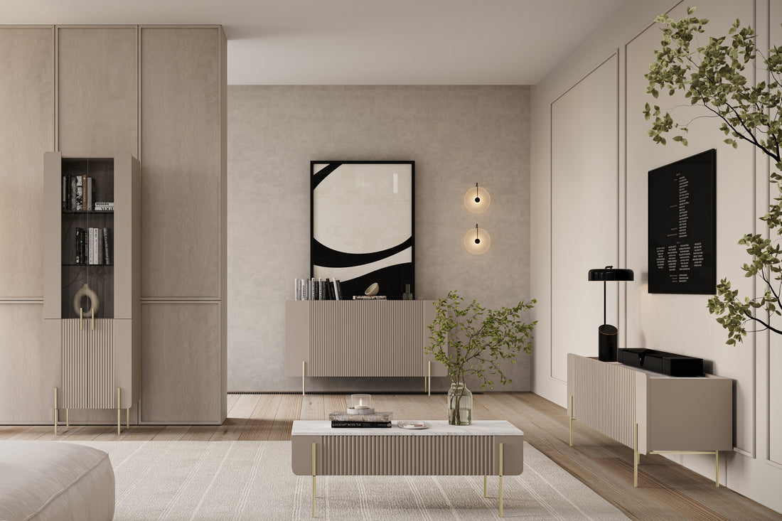 Malmi TV-meubel 200 cm met gouden poten - Kasjmier & Crema Bianca | Kleur: Kasjmier, Crema Bianca,