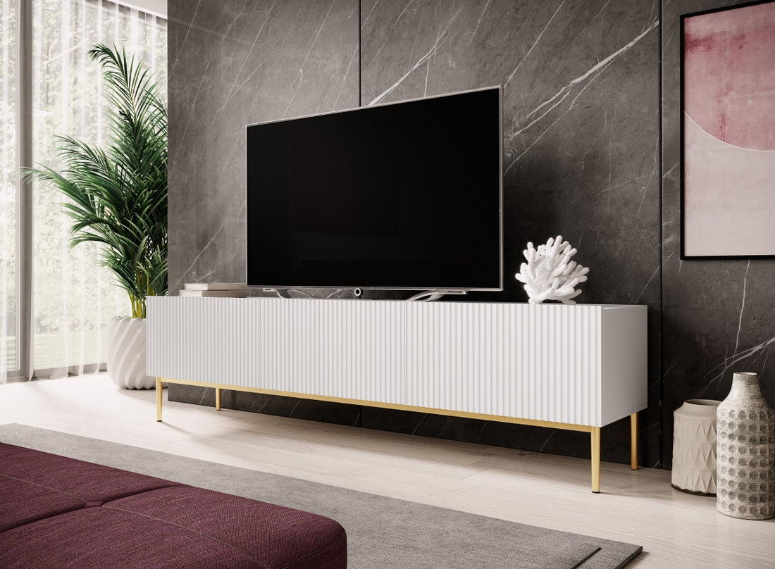 Nicole TV-meubel met lade 200 cm - Modern en stijlvol | Kleur: Mat wit / Goud | Maat: 200x53x45 cm