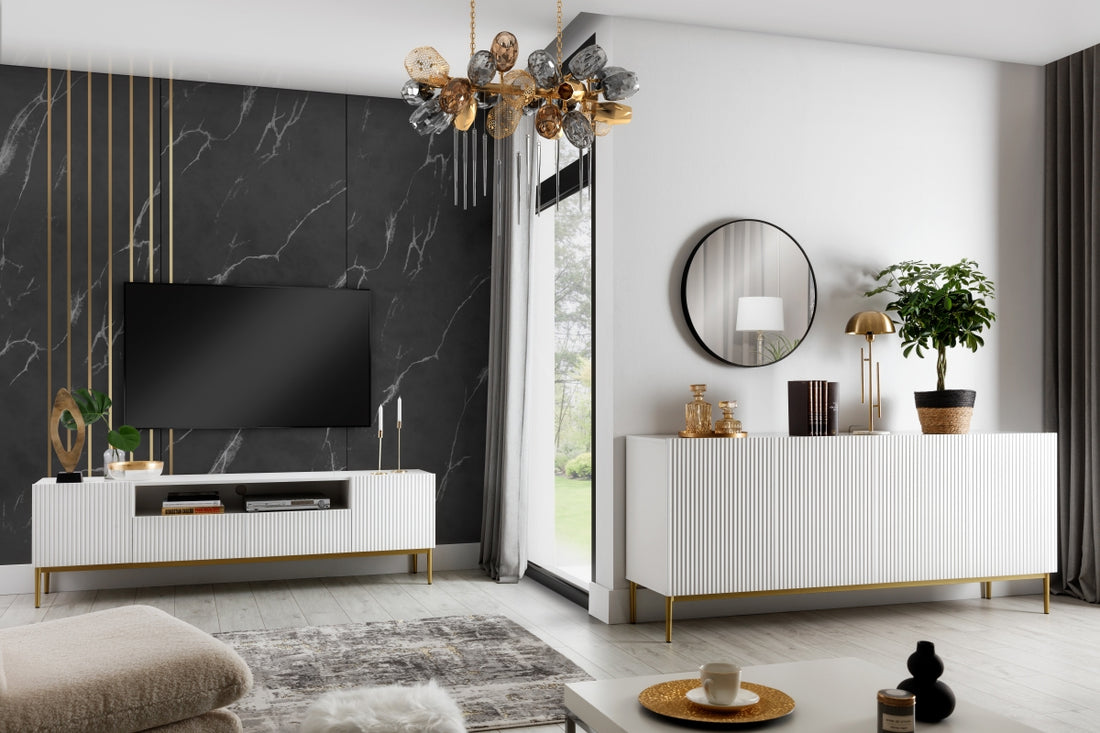 Nicole TV-meubel 200 cm - Minimalistisch Mat Wit met Gouden Poten | Kleur: Mat Wit & Goud