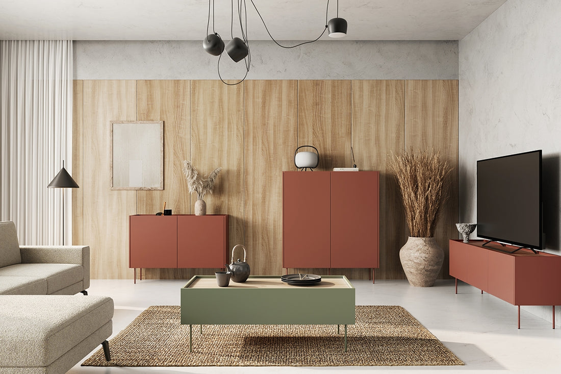 Desin TV-meubel met metalen poten 170 cm – Keramiek rood / Nagano eik | Kleur: Keramiek rood /