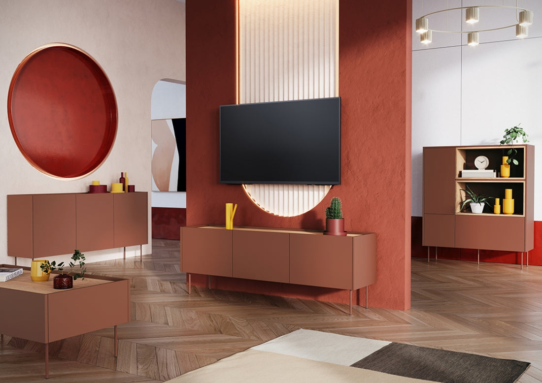 Desin TV-meubel 170 cm met verborgen lades – keramiek rood & nagano eik | Kleur: Keramiek rood /