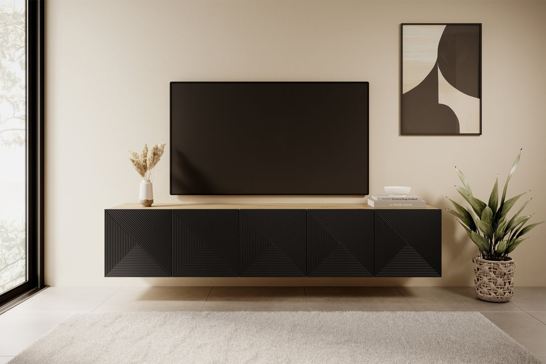 Asha Hangend TV-meubel 200 cm met Gegroefd Front - Mat Zwart & Artisanaal Bruin | Kleur: Mat Zwart