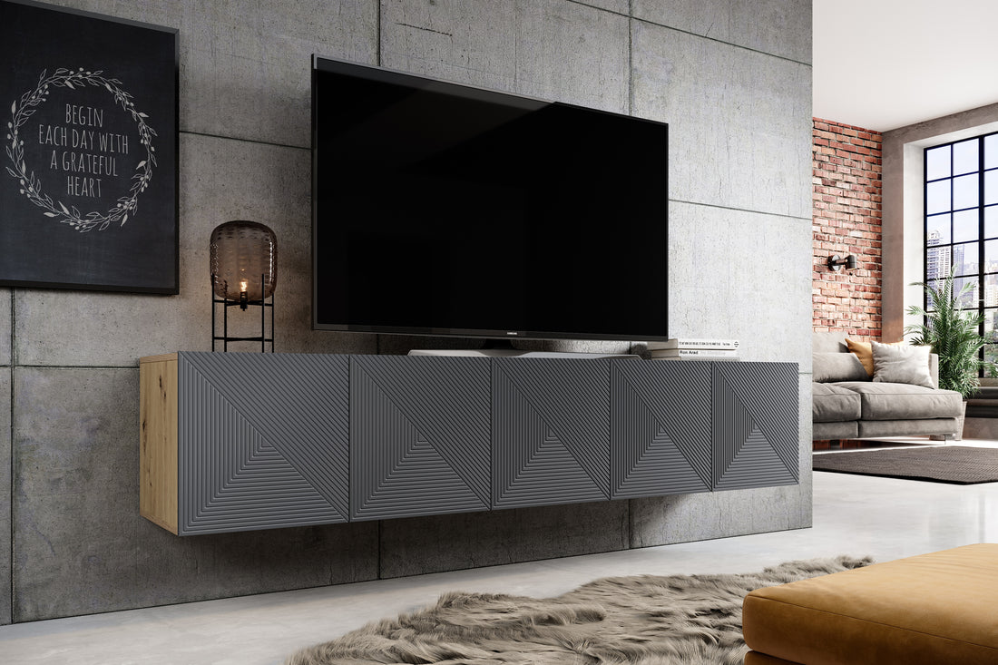 Asha Hangend TV-meubel 200 cm met Gegroefd Front | Artisan Eikenhout & Riviersteenmat