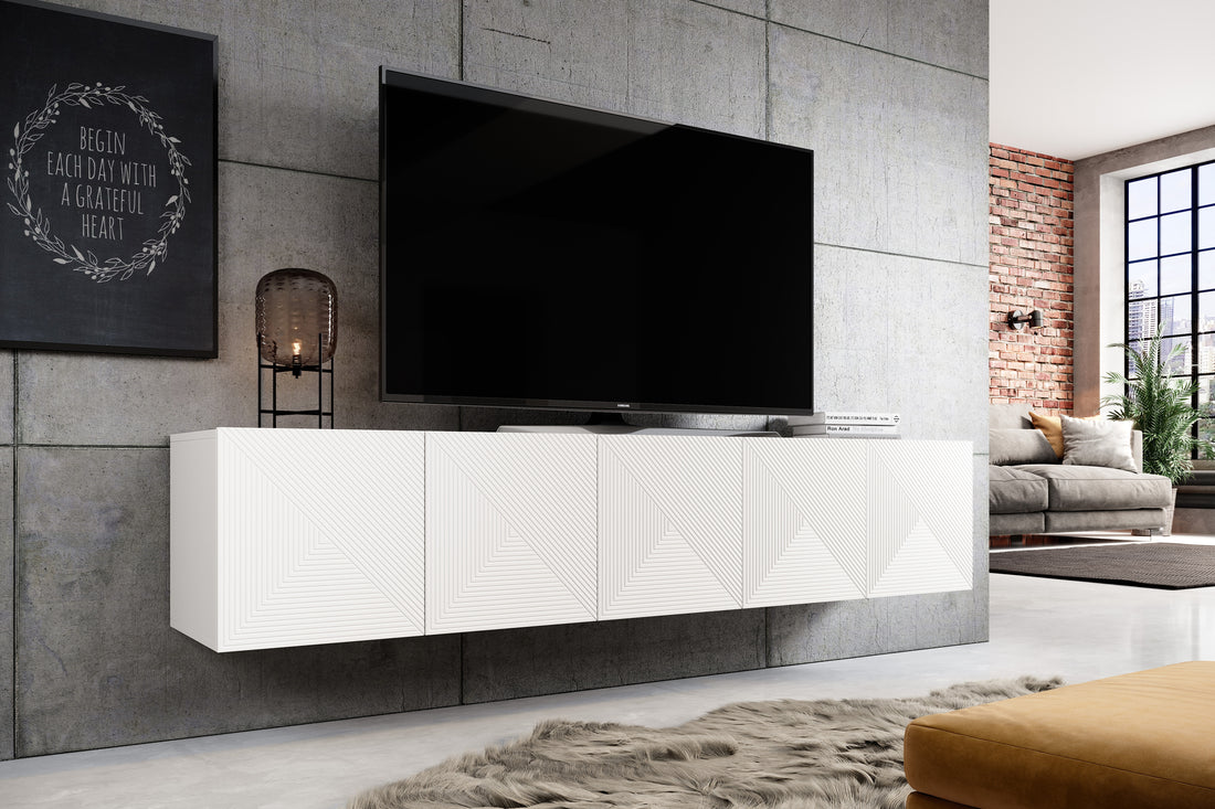 Asha TV-meubel 200 cm Hangend met Gegroefd Front - Mat Wit | Kleur: Wit Mat | Maat: 200x40x40 cm