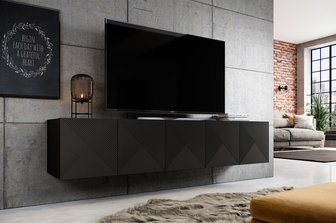 Asha Hangend TV-Meubel 200 cm met Gegroefd Front - Mat Zwart | Kleur: Mat Zwart
