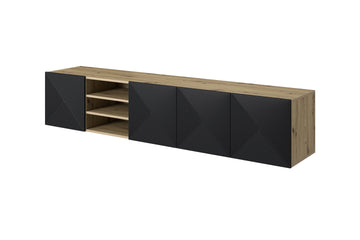 Asha hangend tv-meubel 200 cm - Mat zwart met artisanaal eiken, gegroefd front | Kleur: Zwart mat &