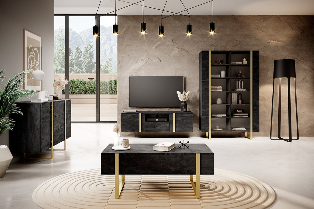 Verica hangend TV-meubel 150 cm - modern zwart beton met gouden handgrepen | Kleur: Zwart Beton