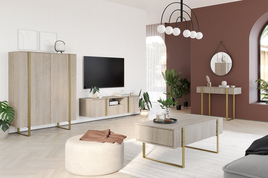 Verica hangend TV-meubel 150 cm – Biscuit Eiken & Gouden handgrepen | Kleur: Biscuit Eiken