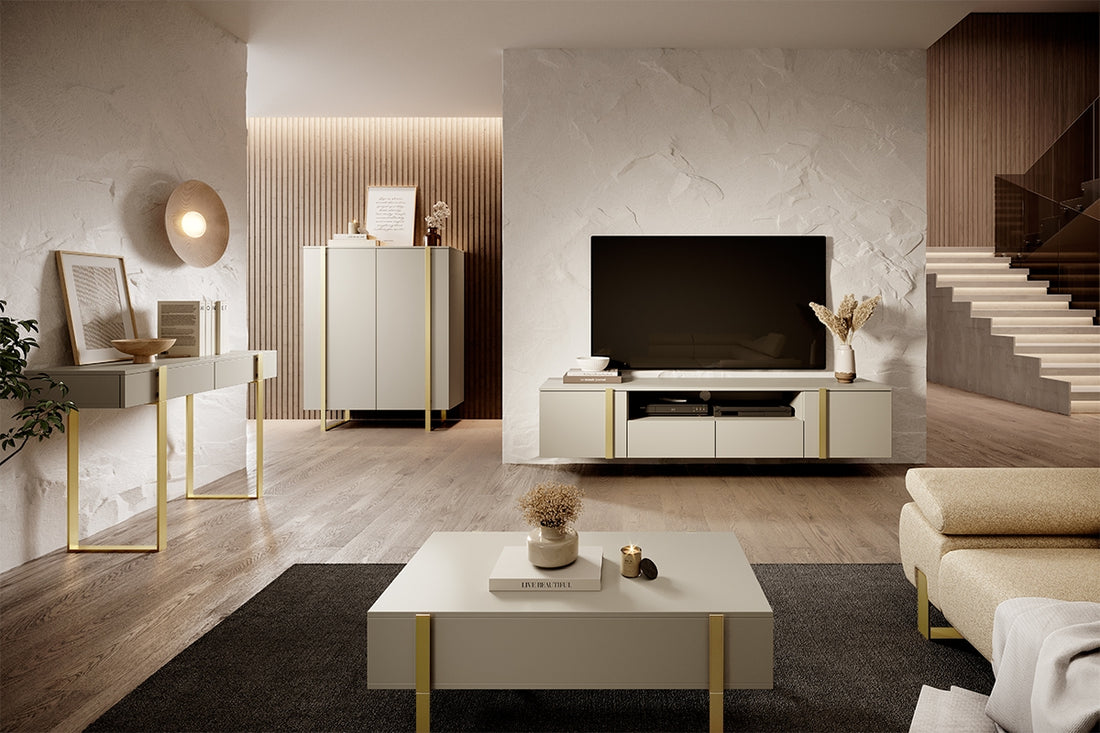 Verica Hangend TV-meubel 200 cm - Kasjmier met Gouden Handgrepen | Kleur: Kasjmier