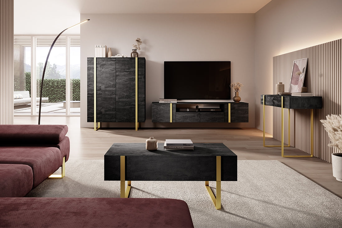 Verica hangend TV-meubel 200 cm - Zwart Beton met Gouden Handgrepen | Kleur: Zwart Beton