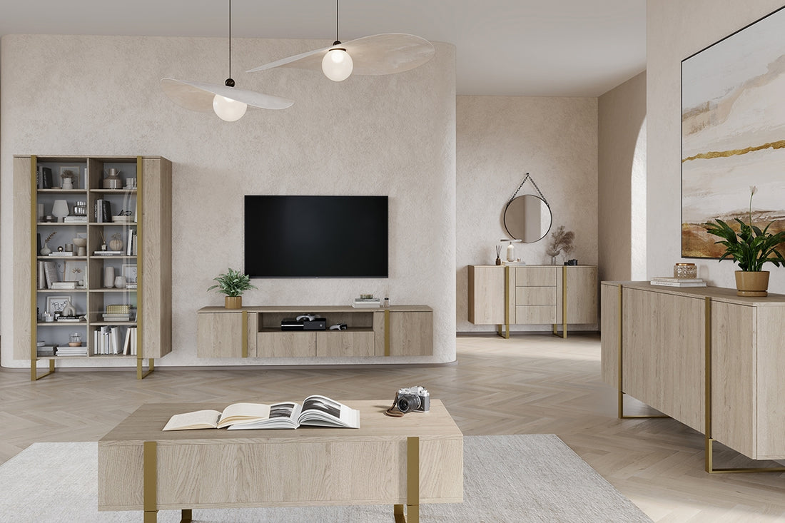 Verica hangend tv-meubel 200 cm – Biscuit eiken met gouden handgrepen | Kleur: Biscuit eiken