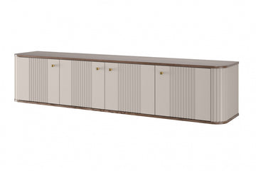 Vesper 4D hangend TV-meubel 187 cm – modern kasjmier/walnoot met gouden handgrepen