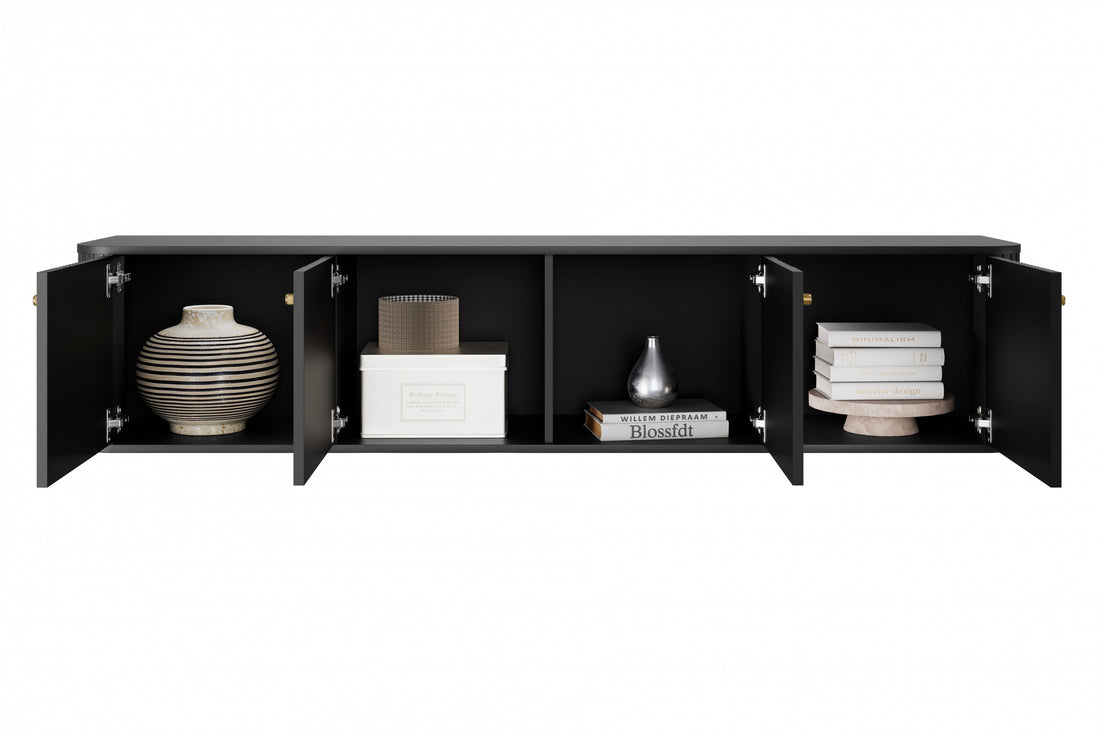 Vesper 4D Hangend TV-meubel 187 cm - Matzwart met Gouden Handgrepen | Kleur: Zwart met goud