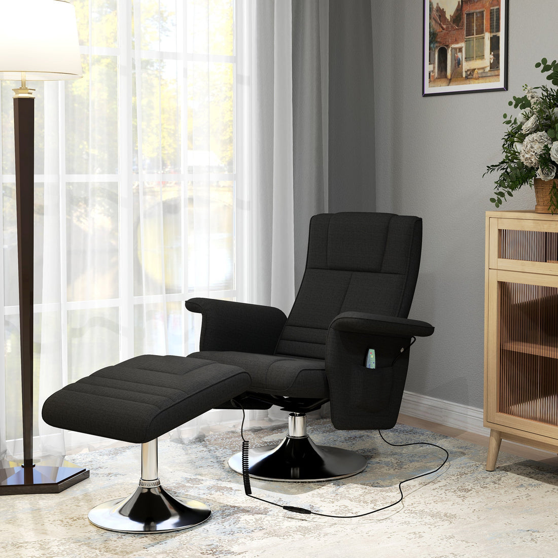 Massagesessel mit Fußhocker | Farbe: Schwarz | Maße: 95x78x88 cm