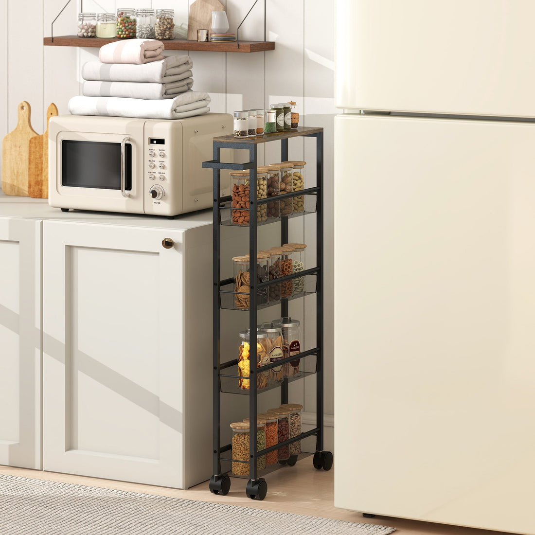 Keukentrolley met 5 niveaus en werkblad | Kleur: Zwart, bruin | Afmetingen: 13x47x96,5 cm