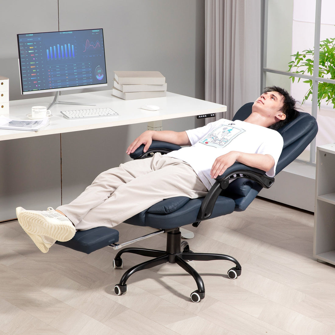Massagebureaustoel met 7-puntsmassage | Kleur: Blauw | Afmetingen: 67x67x111-121 cm