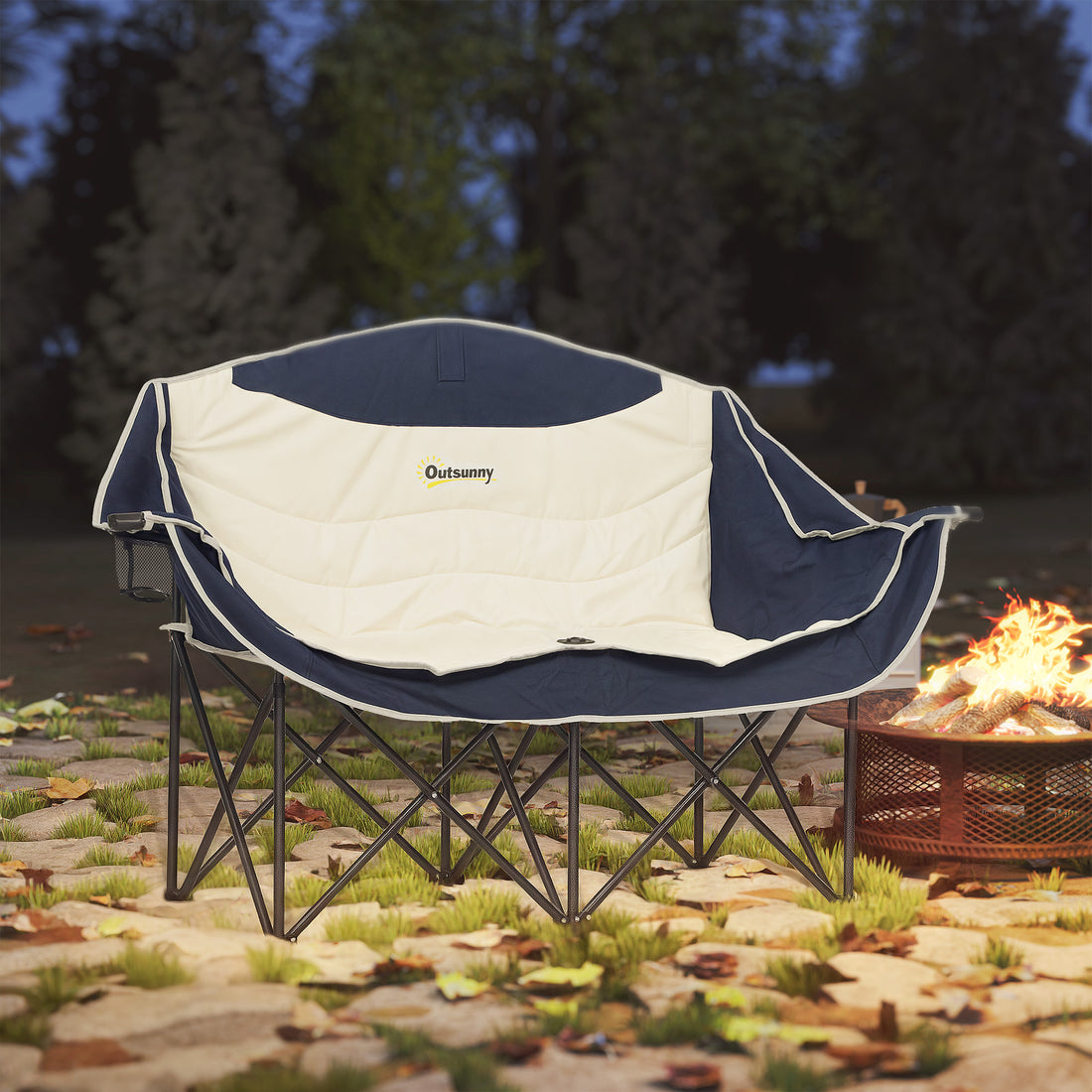 2-zits campingstoel inklapbaar met bekerhouders | Kleur: Blauw | Afmetingen: 50x143x90 cm