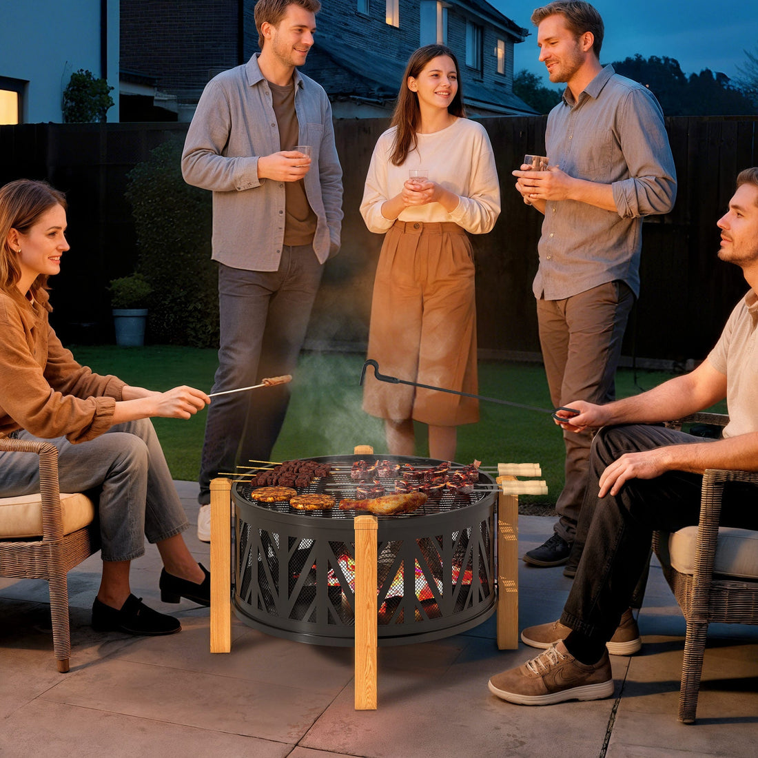 2-in-1 Vuurschaal met Grill Ø75 cm | Kleur: Zwart, Bruin | Afmetingen: 75x75x58 cm