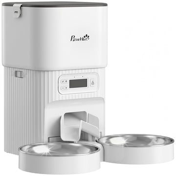 Kattenvoerautomaat met timer en 2 RVS kommen | Kleur: Wit | Afmetingen: 30,5x33x30 cm
