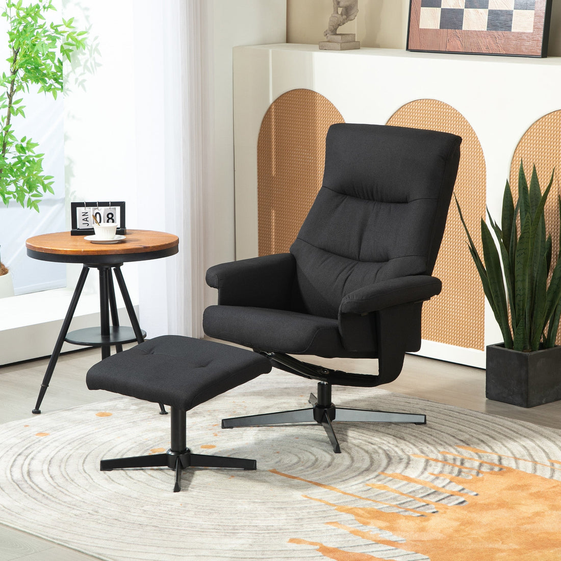 Relaxliege mit Fußhocker - drehbarer Schaukelstuhl | Farbe: Schwarz | Abmessungen: 74x81x102 cm