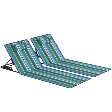 2 strandmatten met verstelbare rugleuning | Kleur: Blauw+Groen+Wit | Afmetingen: 57x154x52 cm