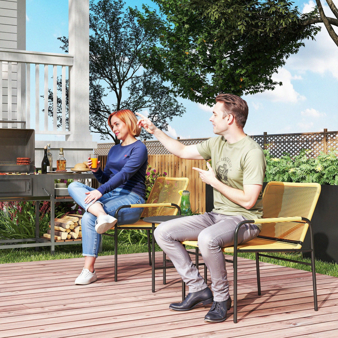 3-teiliges Rattan-Bistro-Set – 2 Stühle und Couchtisch | Farbe: Gelb | Abmessungen: 66x54x76 cm