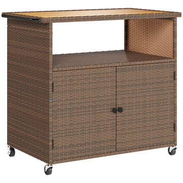 Rattan serveerwagen met FSC-eucalyptushout | Kleur: Bruin | Afmetingen: 95x54x84 cm
