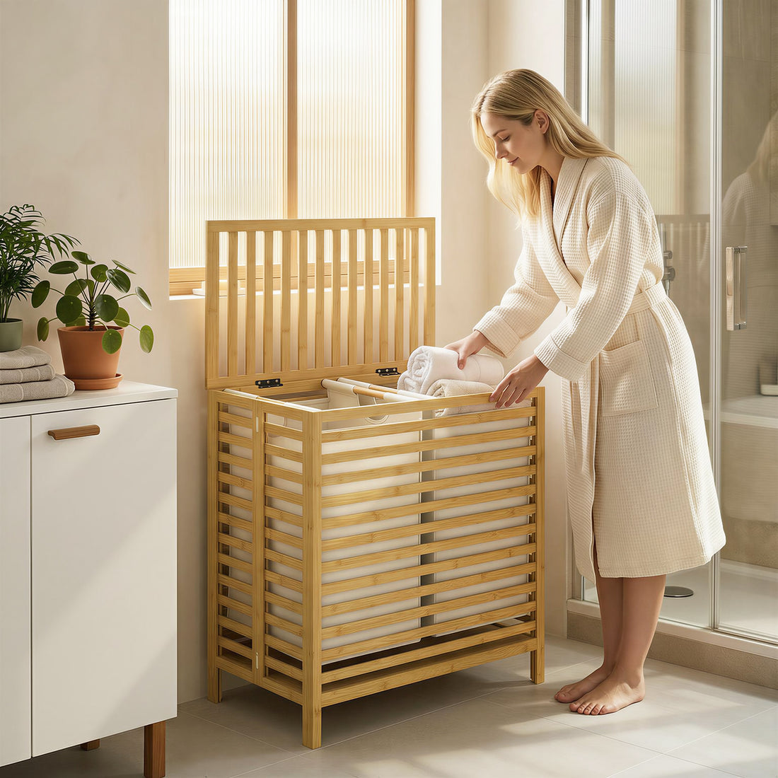 Tvättkorg i bambu, 2 fack, 64 l | Färg: Natur/gräddvit | Mått: 55x36x64,2 cm