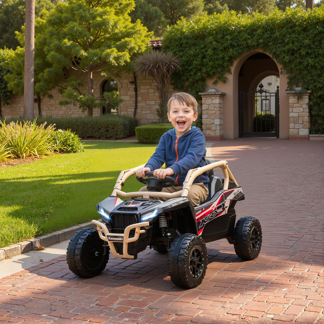 12V Schwarzes Elektro-Kinder-UTV für Offroad | Farbe: Schwarz | Abmessungen: 64x100x56 cm