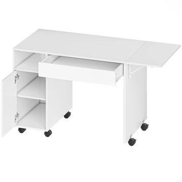 Opvouwbaar bureau op wielen met kast en lade | Kleur: Wit | Afmetingen: 130x58x73.2 cm