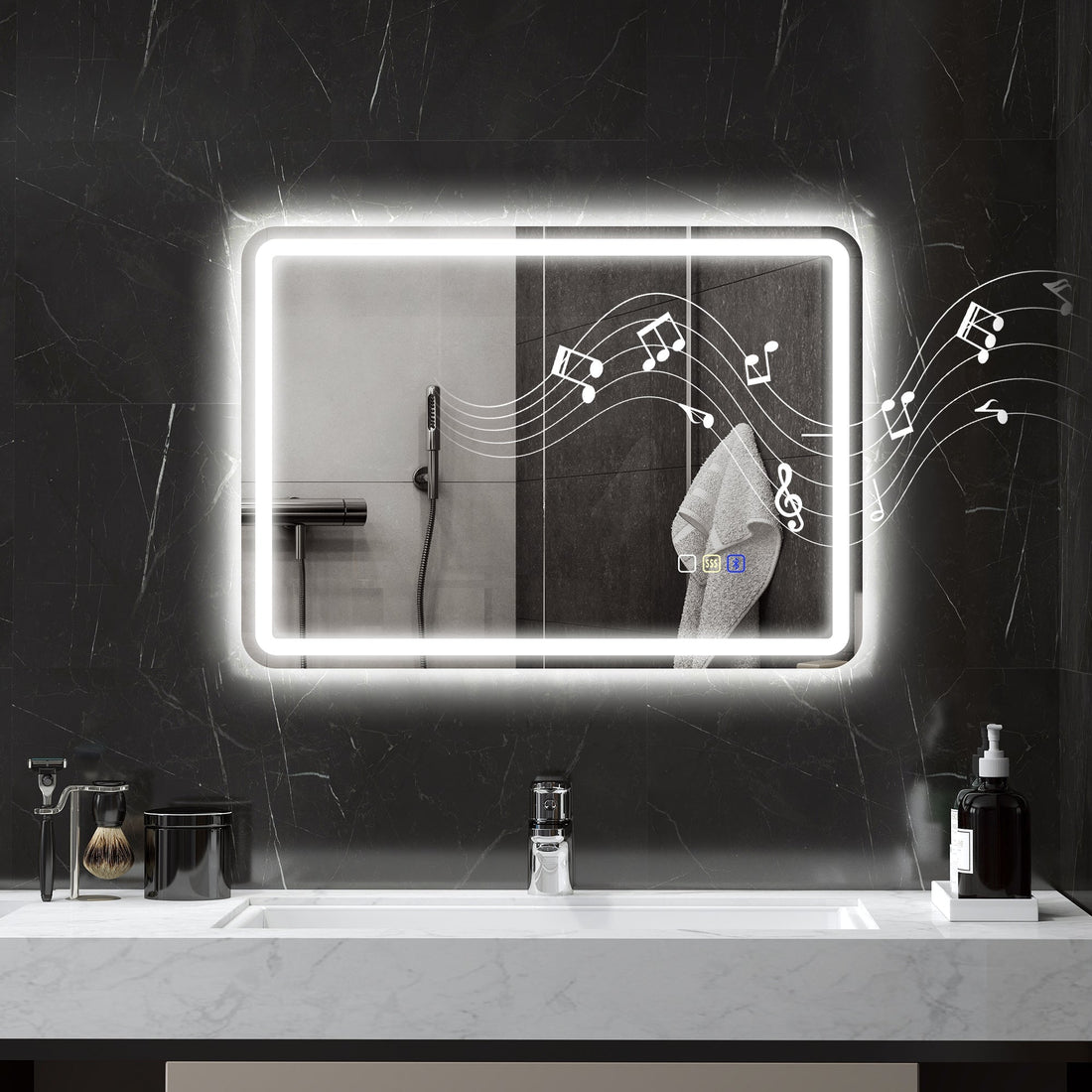 Badezimmerspiegel mit LED-Beleuchtung, Antibeschlag und Bluetooth | Farbe: Silber