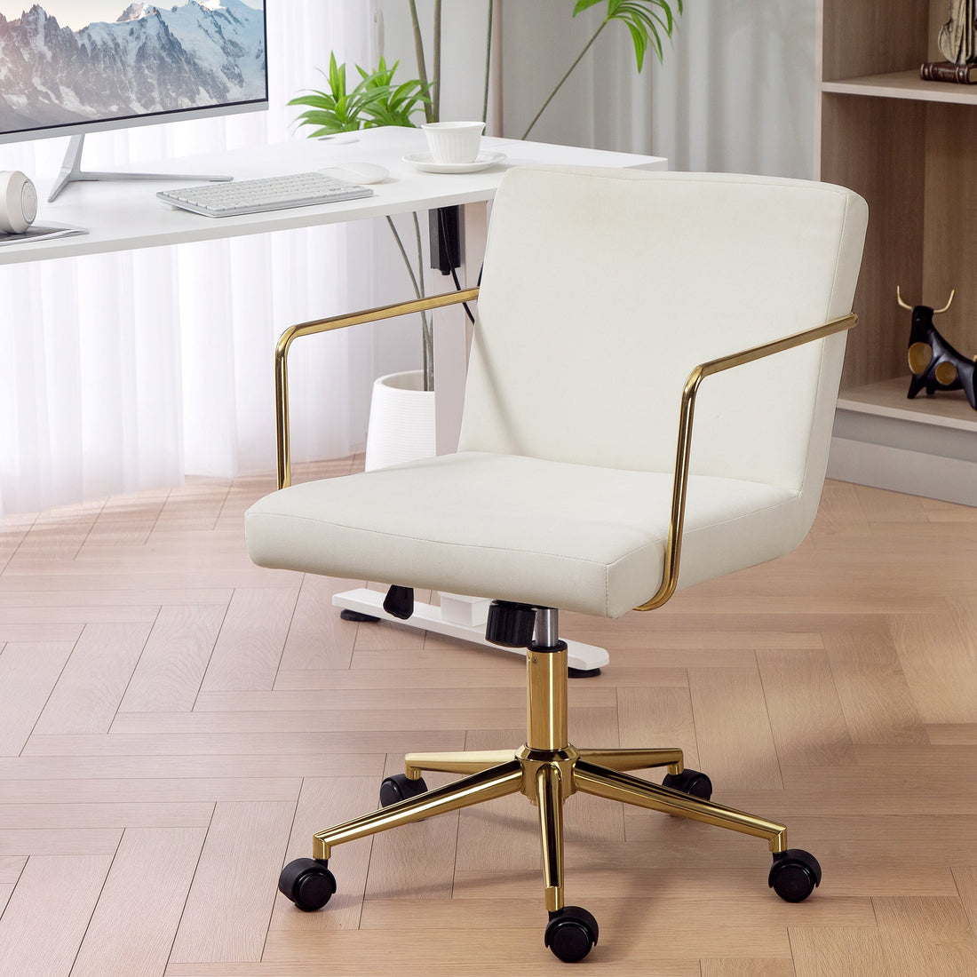 Bürostuhl mit Samt-Optik und Gold | Farbe: Weiß + Gold | Maße: 57x64x80-90 cm