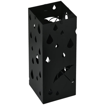 Paraplubak met 4 haken en lekbak | Kleur: Zwart | Afmetingen: 15.5x15.5x40 cm