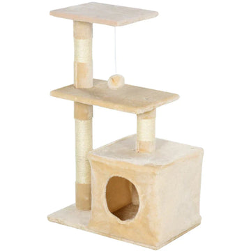 Kattenkrabpaal met slaapruimte, platforms en speeltje | Kleur: Beige | Afmetingen: 50x30x80 cm