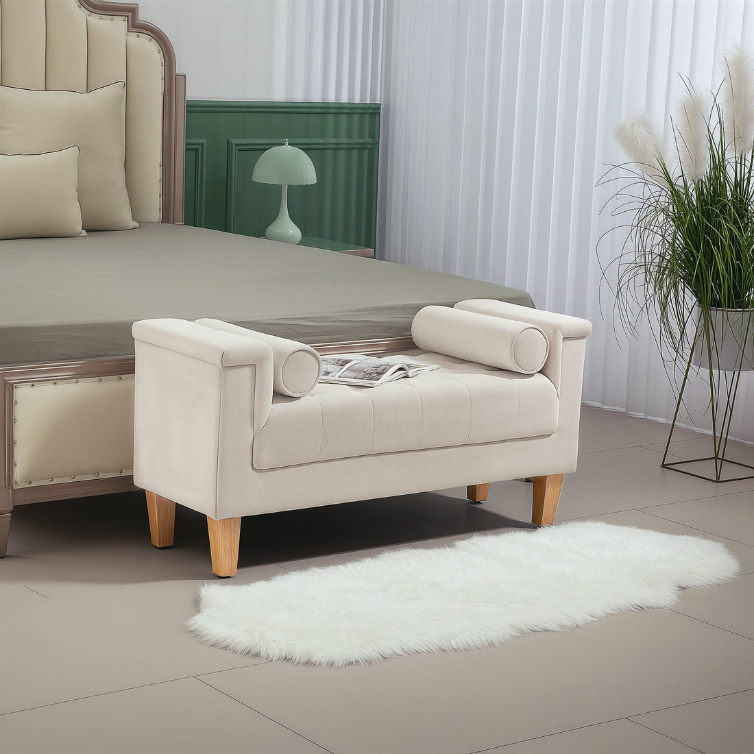 Vintage Polsterbank - Chenille-Sofa | Farbe: Weiß | Maße: 115x44x58 cm