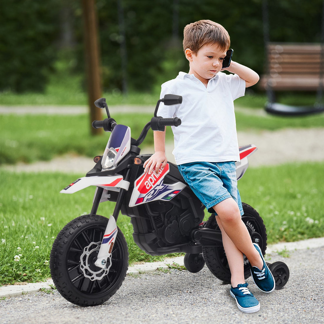 12V Kindermotorrad mit Stützrädern, LED und Musik | Farbe: Weiß | Abmessungen: 56x106.5x80 cm