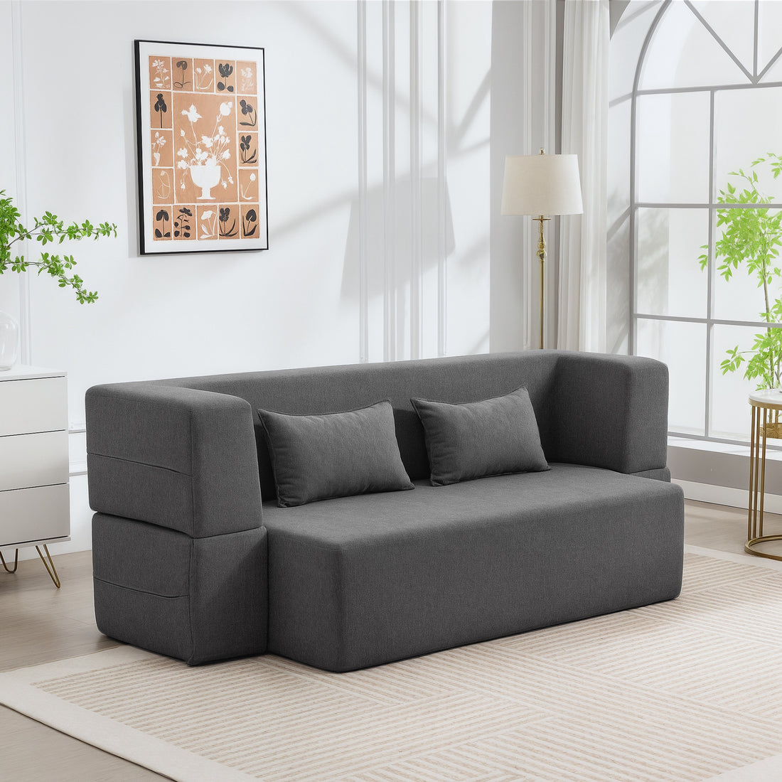 2-zits slaapbank met brede armleuningen | Kleur: Grijs | Afmetingen: 203x95x75 cm