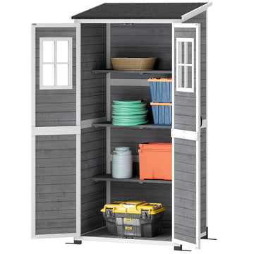 Houten tuinschuur met ramen en rek | Kleur: Lichtgrijs | Afmetingen: 69x91x192 cm