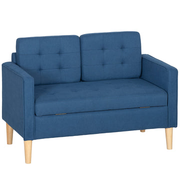 Tweezitsbank met opbergruimte en knoopstiksel | Kleur: Blauw | Afmetingen: 117x62x78 cm